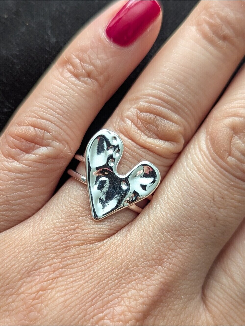 Sterling Silver 925 Hammered Heart Adjustable Ring Love Romance Valentine's Day